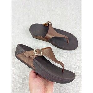 FitFlop Skinny Deluxe Women's Bronze Leather Thong T Strap Wedge Sandals